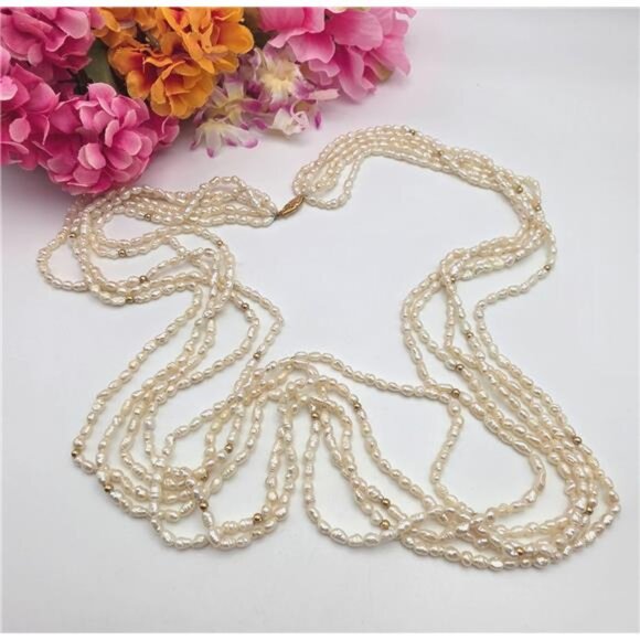 Grassman-Blake Jewelry - 14K Grassman-Blake 5-Strand White Rice Pearl Necklace 3.8mm 34" Vintage